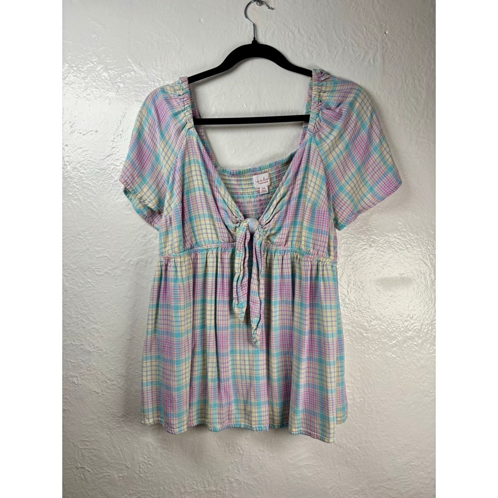 Isabel Maternity Plaid Top Womens XXL Smocked Pastel Madra Spring Easter Cottage